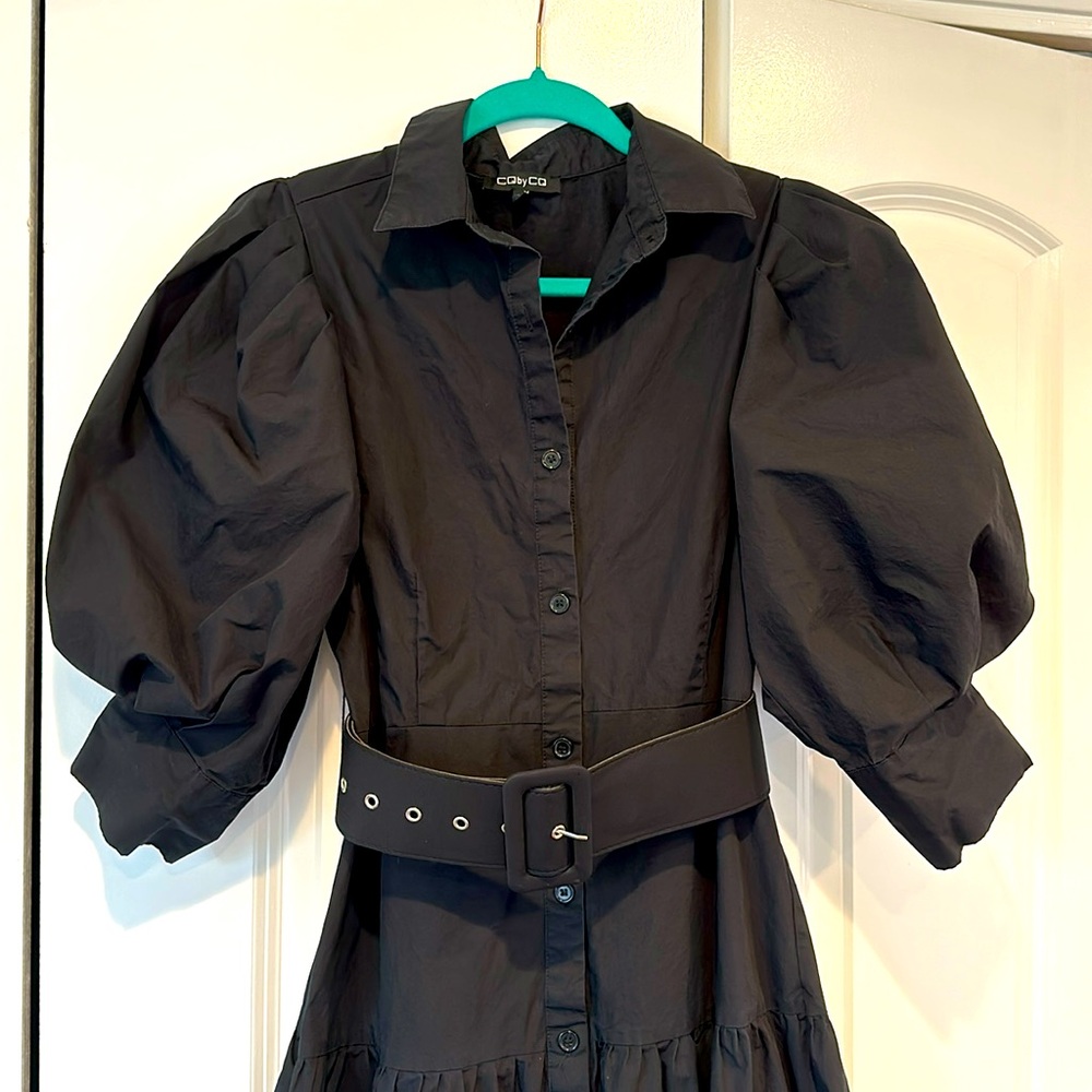 CQbyCQ Black Puff Sleeve Tiered Shirt Dress Button Down Belted Maxi - Picture 4 of 10